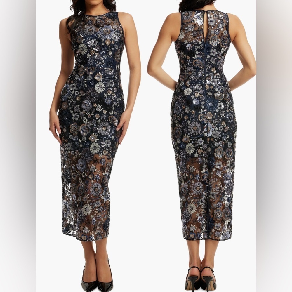 NWOT Dress The Population Helena Sequins Floral Mesh Sleeveless Dress sz S